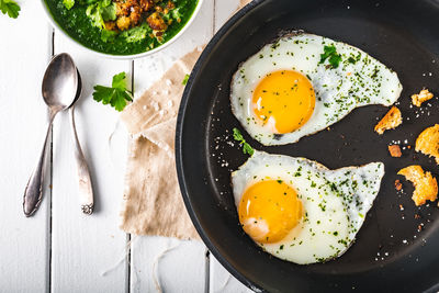 High angle view of breakfast on table