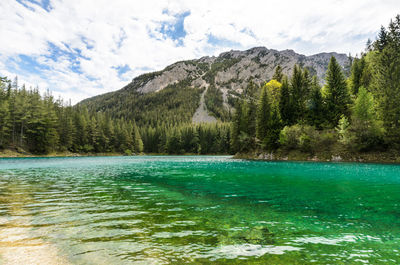 Scenic view of lake and mountains against sky