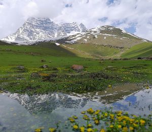 Scenic view of snowcapped mountains against sky