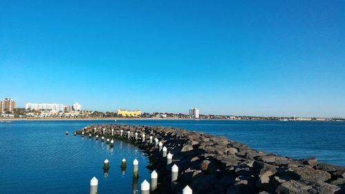 Panoramic view of sea against clear blue sky