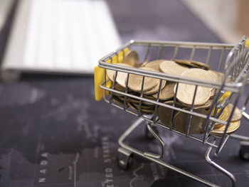 High angle view of bread in basket on table