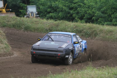 Toy car on road amidst field