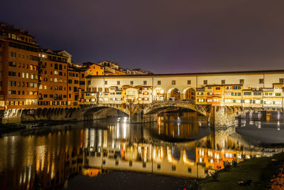 Illuminated bridge over river by buildings against sky at night