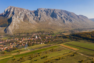 Aerial drone view of piatra secuiului mountain and rimetea,torocko village in transylvania, romania