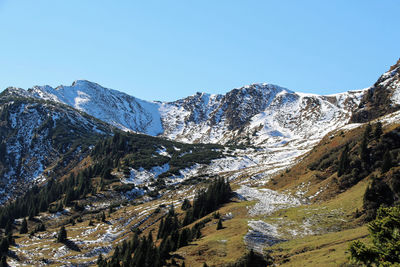 Scenic view of snowcapped mountains against clear sky