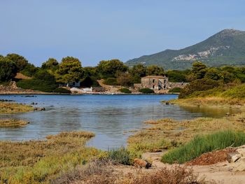 Scenic view of lake against clear sky