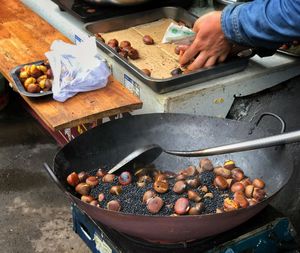 High angle view of man preparing food