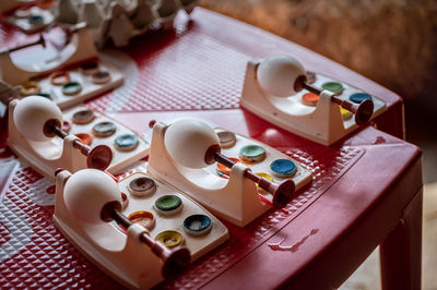 High angle view of christmas decorations on table