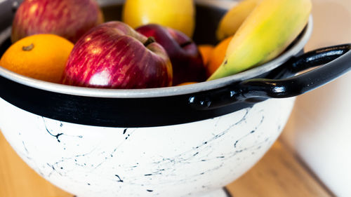 High angle view of fruits in plate on table