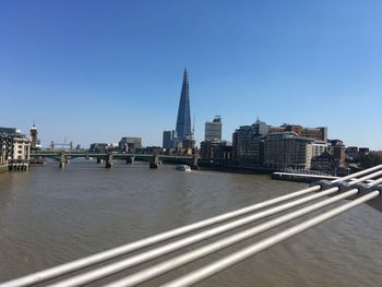 View of city buildings against clear sky