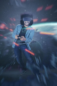 Digital composite image of man playing video game