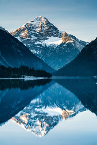 Scenic view of snowcapped mountains and lake against sky