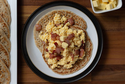 High angle view of breakfast served on table