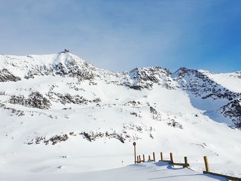 Scenic view of snow covered mountains against sky