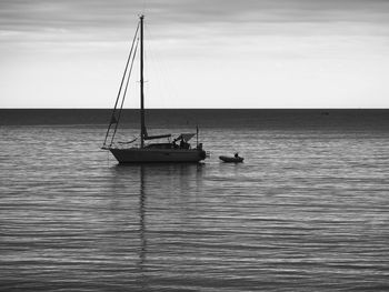 Sailboat sailing on sea against sky