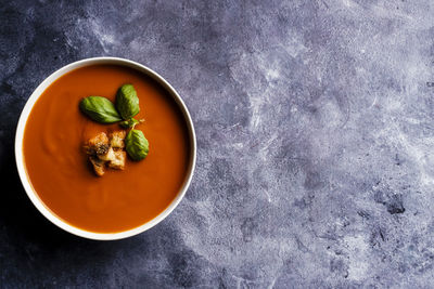 High angle view of soup in bowl on table