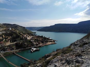 High angle view of bay against sky