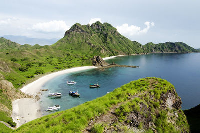 Scenic view of sea and mountains against sky