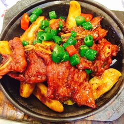 Close-up of served food in plate