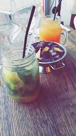 Close-up of drink in glass jar on table