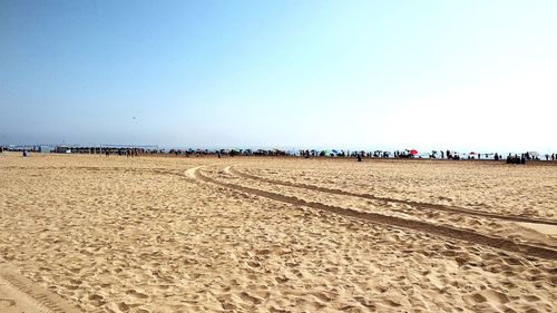 Group of people on beach against clear sky