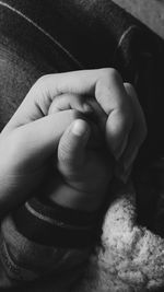 Close-up of father holding baby hand