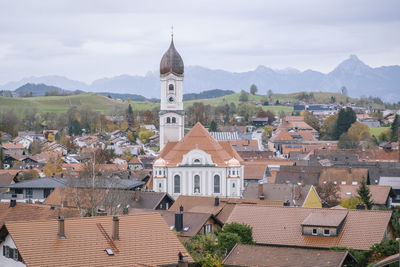 High angle view of townscape against sky in city