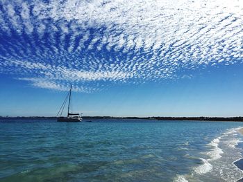 Sailboat sailing in sea against cloudy blue sky on sunny day