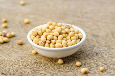 High angle view of eggs in bowl on table