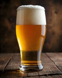 Close-up of beer glass on table