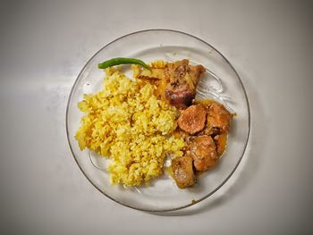 High angle view of food in plate on table