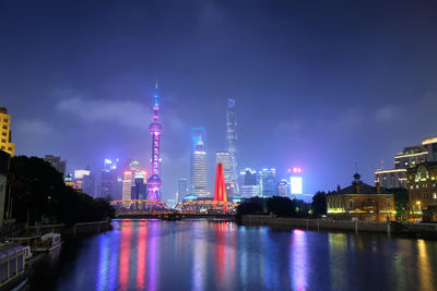 Illuminated buildings in city at night