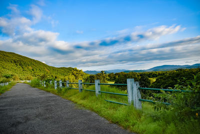 Road amidst green landscape against sky