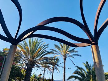 Low angle view of palm trees against blue sky
