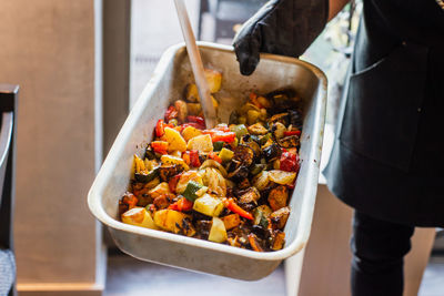 High angle view of man preparing food