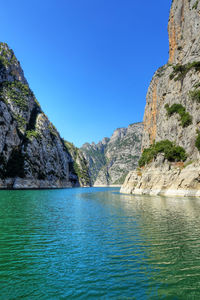 Scenic view of sea against clear blue sky