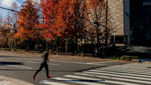 Side view of a man crossing road against trees