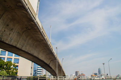 Low angle view of bridge and buildings against sky