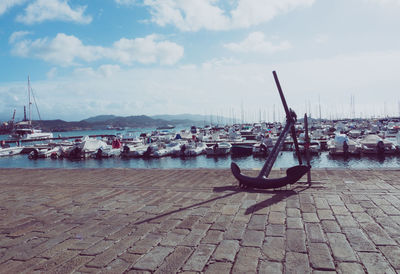 Sailboats moored at harbor