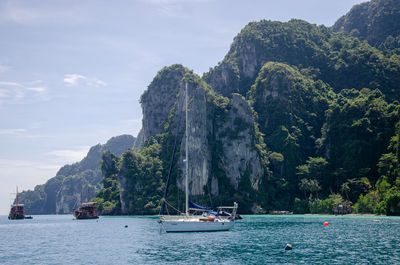 Scenic view of sea and mountains against sky