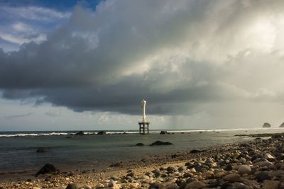 Lighthouse on beach against sky