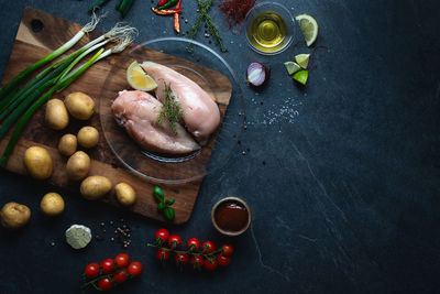 High angle view of fruits in bowl on table