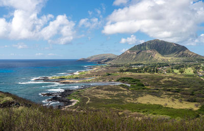 View inside the crater of the extinct volcano called koko head on oahu in hawaii