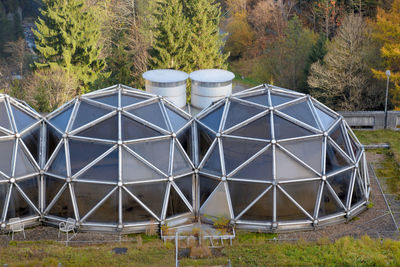 High angle view of metallic structure on field