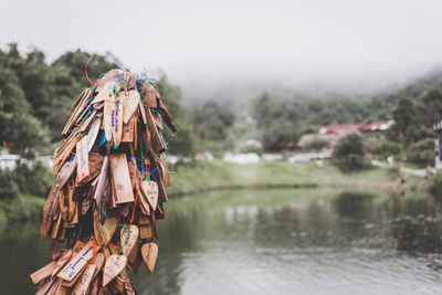 Close-up of prayer blocks hanging against lake