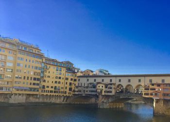 Arch bridge over river by buildings against clear blue sky