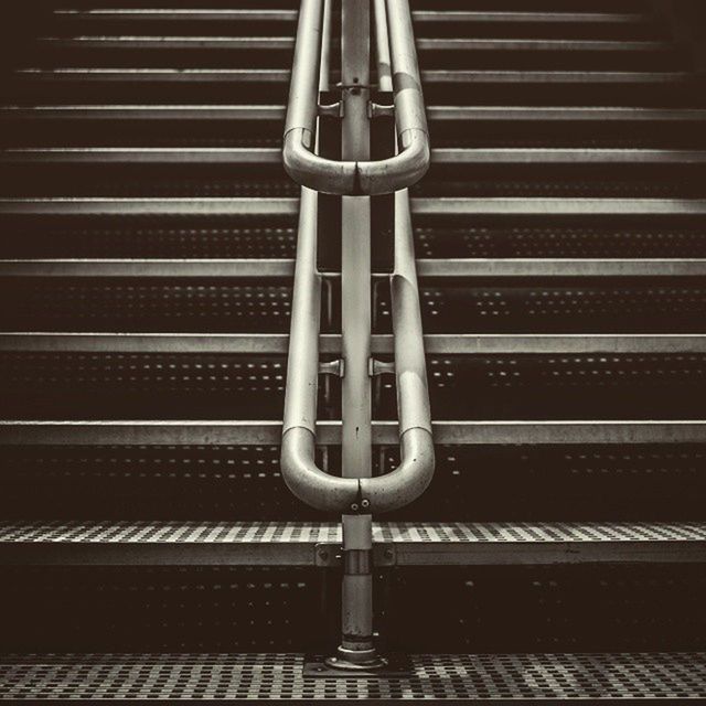 metal, railing, steps, metallic, steps and staircases, transportation, staircase, railroad track, indoors, rail transportation, close-up, pattern, escalator, public transportation, convenience, technology, railroad station, no people, mode of transport, high angle view
