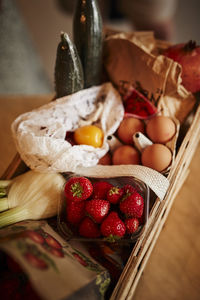 High angle view of organic shopping in basket