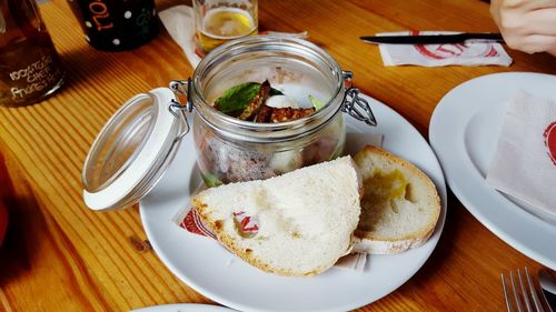 High angle view of food on wooden table