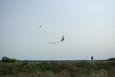 A kite flying over field